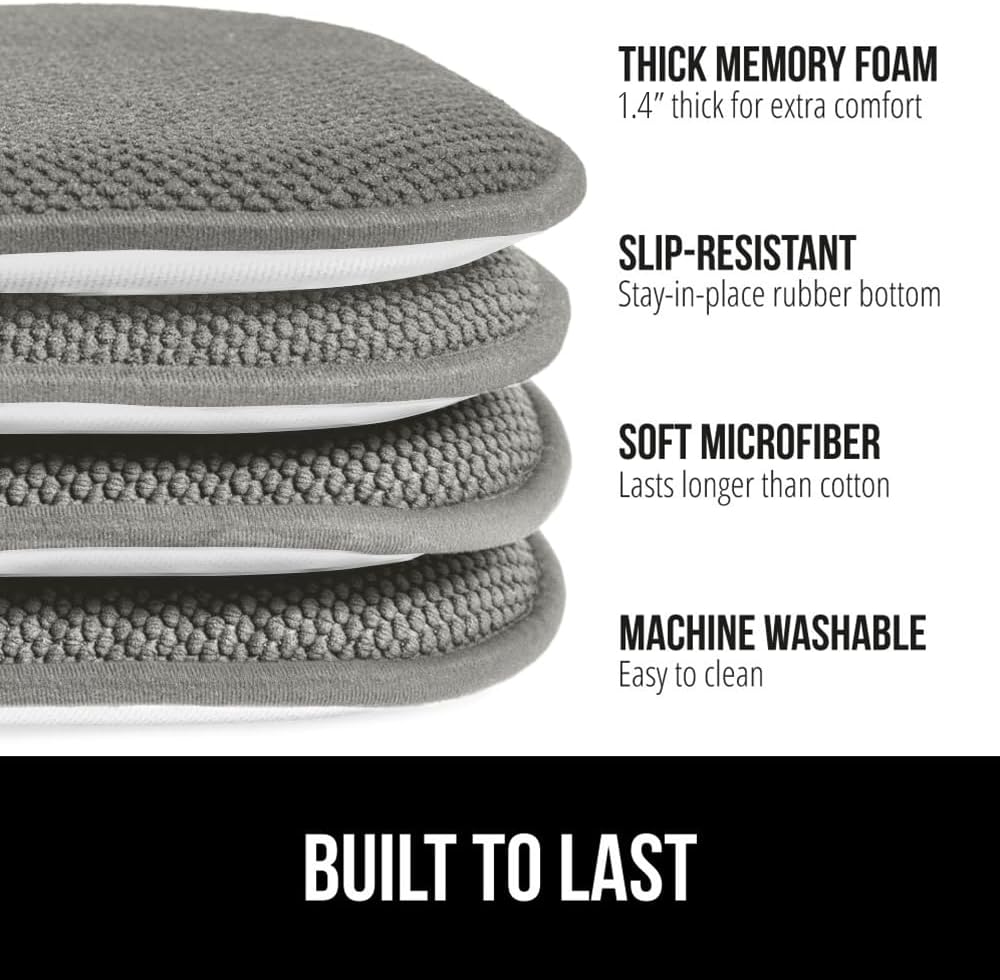 GORILLA GRIP Slip Resistant Chair Cushions, No Ties Required, Memory Foam Pads for Dining Room, Kitchen Table, Office, Rocking Chairs, Plush Seat Cover Cushion Pad, Home Decor, Set of 4, 16x16, Gray