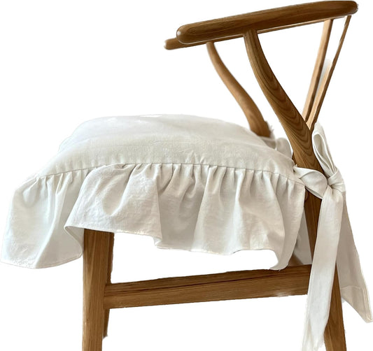 Korean Made Chair Pad Slipcover 17.5'x17.5' Chair Cushion Cover Ties with Ruffle Farmhouse Decor Covers Only, Gift for Mom (Solid White)