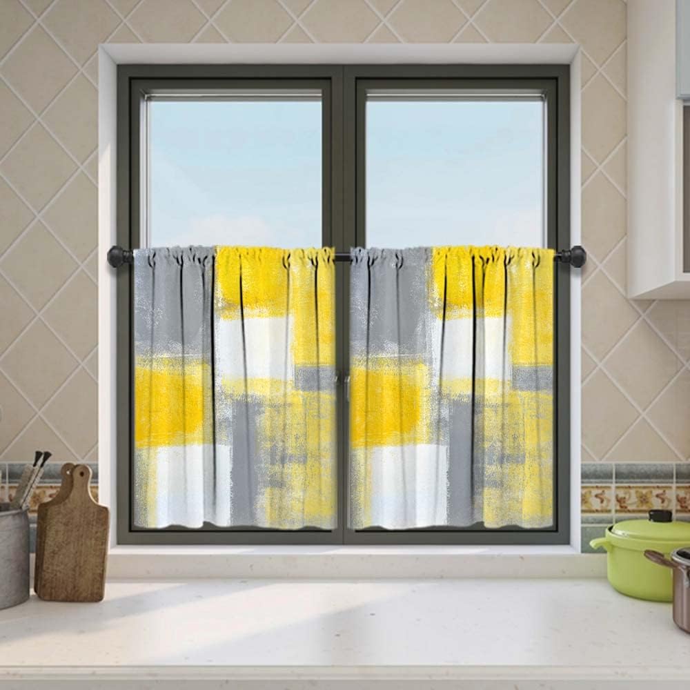 MCALK Brown Blackout Kitchen Curtains Tiers and Valances Set 3 Piece for Windows Beige Kitchen Window Curtains Set,Modern Abstract Art Valances for Living Room(36" Tiers Set)