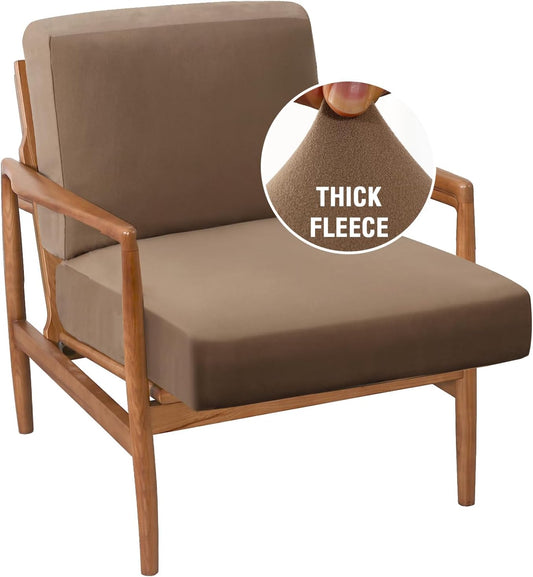 H.VERSAILTEX Fleece Chair Cover Stretch Cushion Covers for Couches and Sofas 2 Piece Thick Soft Accent Chair Cover for Mid-Century Modern Chair (Seat Cushion Cover Plus Back Cushion Cover, Camel)