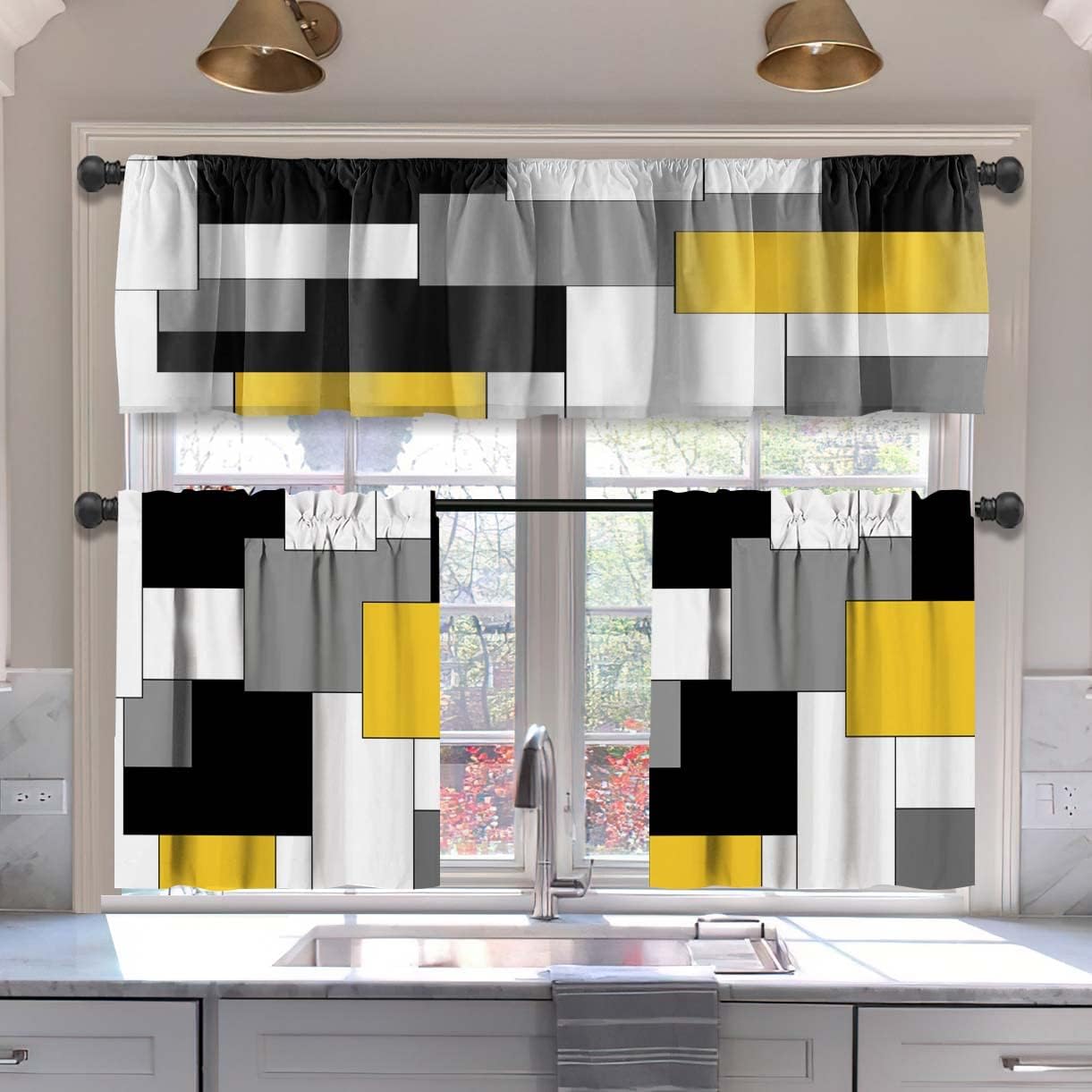 MCALK Brown Blackout Kitchen Curtains Tiers and Valances Set 3 Piece for Windows Beige Kitchen Window Curtains Set,Modern Abstract Art Valances for Living Room(36" Tiers Set)