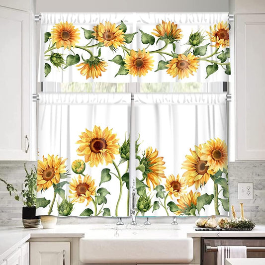 3-Piece Sunflower Kitchen Curtain Set - Valance and Tiers with Rod Pocket - 58wx14h+(28wx36h)*2 - Floral Dining Room Window Treatment