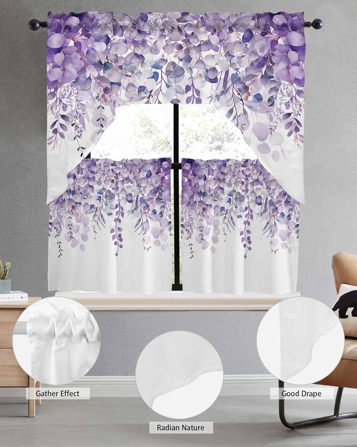 Spring Botanical Swag Curtains Valance and Tier Set, Purple Eucalyptus Leaves Rod Pocket Curtain Drapes for Bedroom Bathroom Over Sink Kitchen Curtains 3 Piece Set Swag Valances and 24 inches Tiers