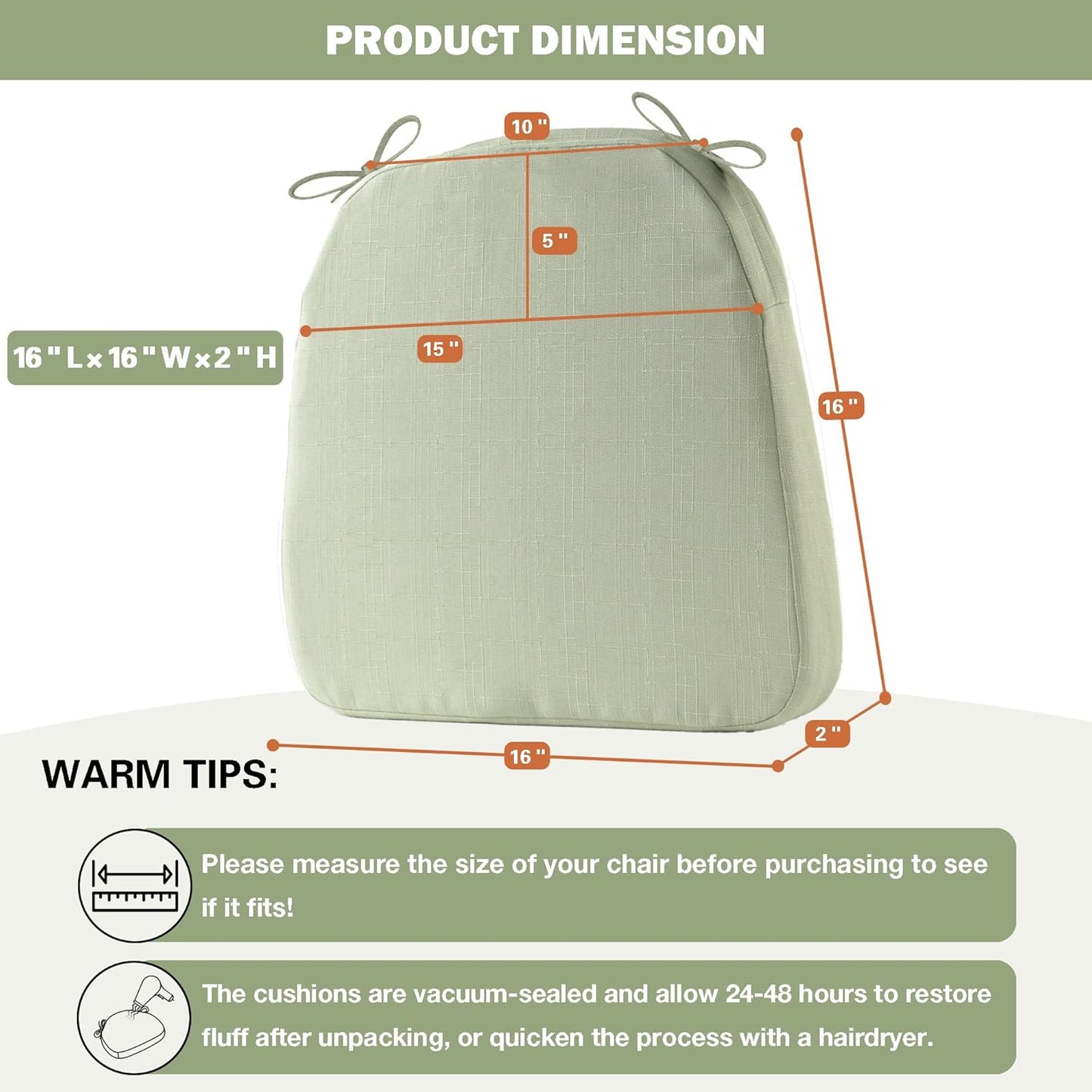 Battilo Chair Cushions for Dining Chairs with Ties, Indoor/Outdoor Kitchen Chair Pad with Non-Slip Backing, Dining Seat Cushion with Machine Washable Removable Cover, 16"x16"x2", Set of 2, Sage Green