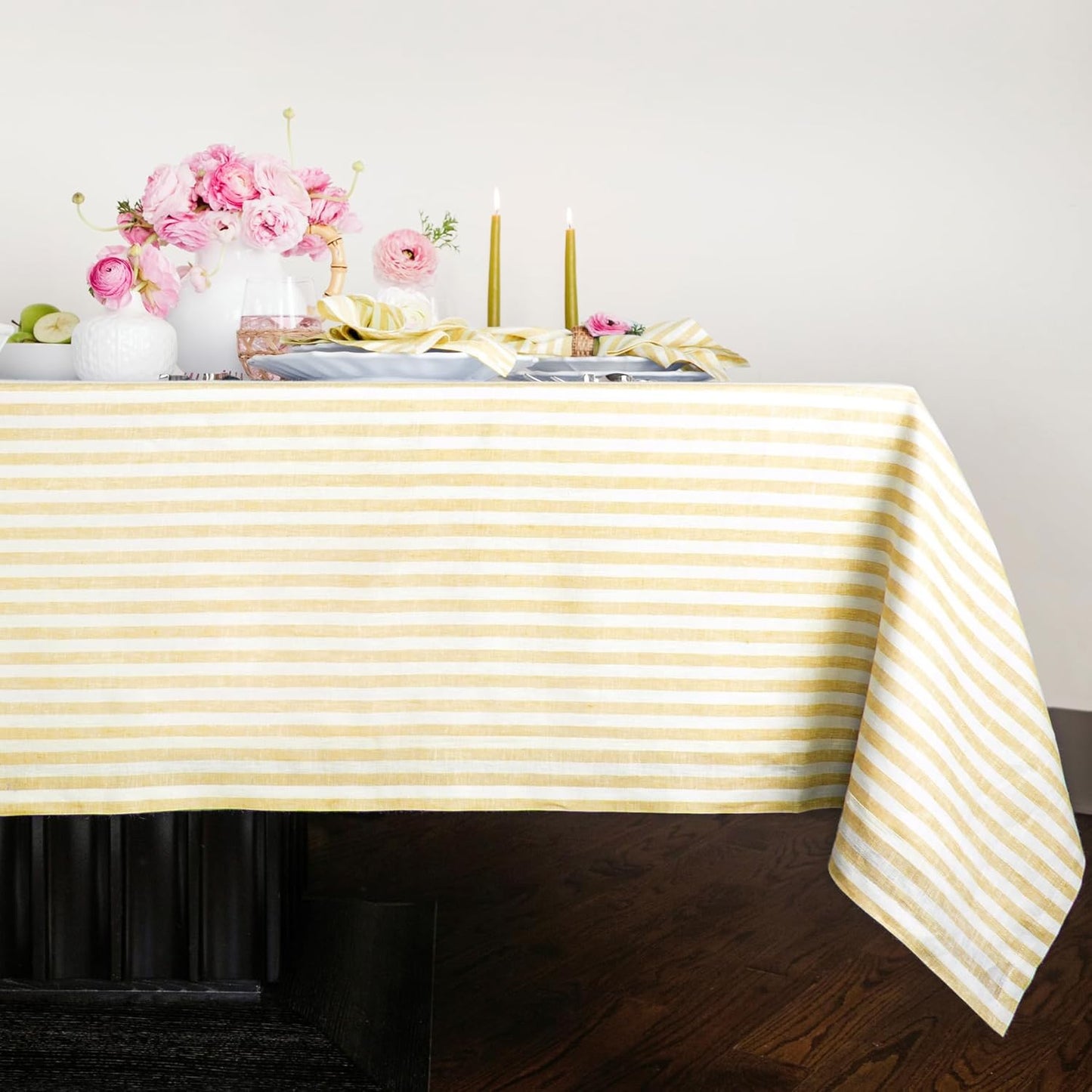 Solino Home Linen Tablecloth 60 x 90 Inch - Amalfi Stripe 100% Pure Linen Natural and White Table Cloth for Rectangle Tables - Machine Washable Tablecloth for Fall, Autumn, Thanksgiving