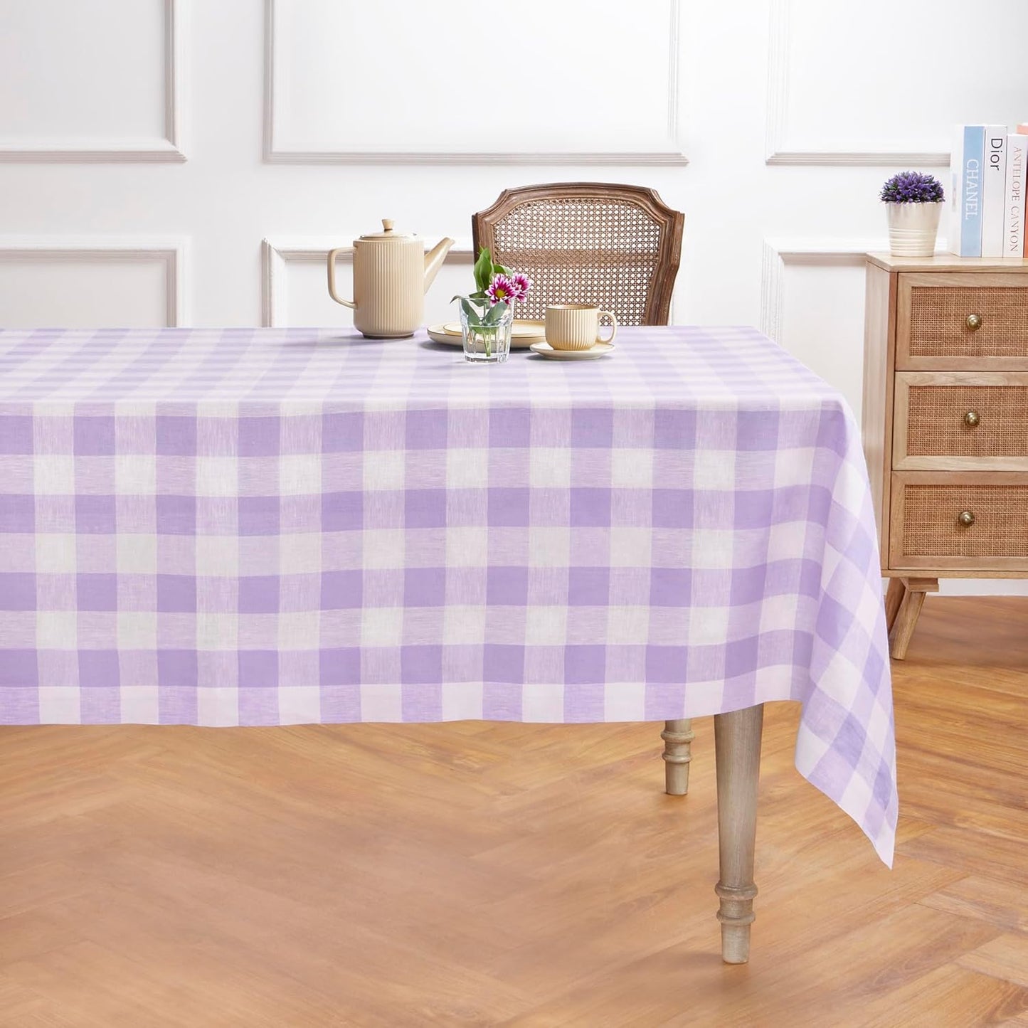 Solino Home Linen Buffalo Plaid Tablecloth 60 x 90 Inch - 100% Pure Linen Natural and White Checkered Table Cloth for Rectangle Tables - Machine Washable Tablecloth for Fall, Autumn, Thanksgiving
