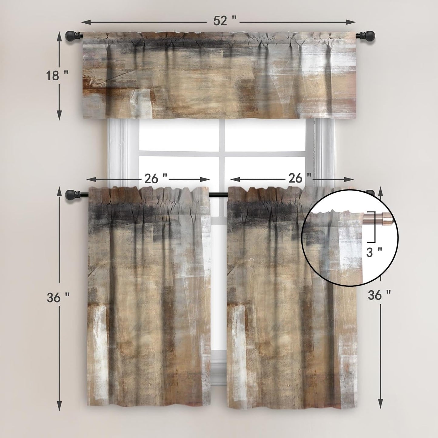 MCALK Brown Blackout Kitchen Curtains Tiers and Valances Set 3 Piece for Windows Beige Kitchen Window Curtains Set,Modern Abstract Art Valances for Living Room(36" Tiers Set)