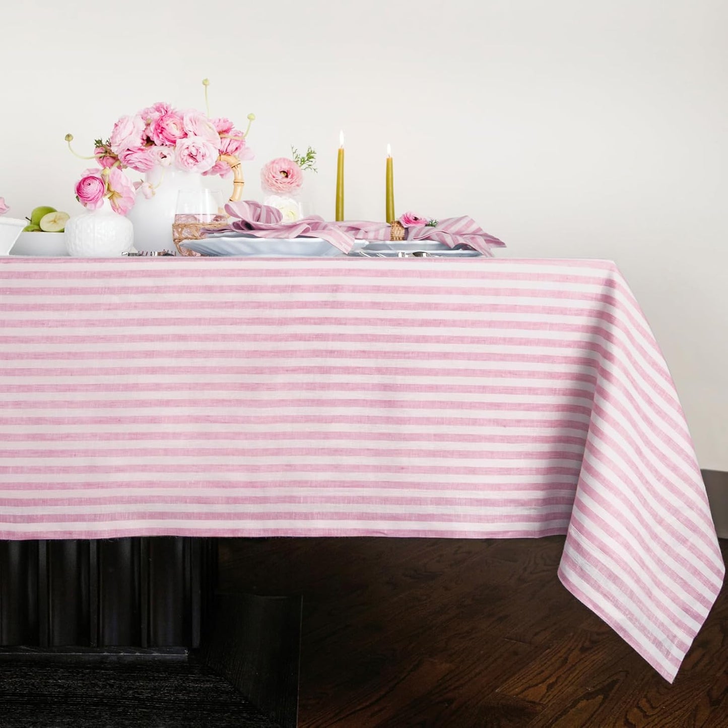 Solino Home Linen Tablecloth 60 x 90 Inch - Amalfi Stripe 100% Pure Linen Natural and White Table Cloth for Rectangle Tables - Machine Washable Tablecloth for Fall, Autumn, Thanksgiving