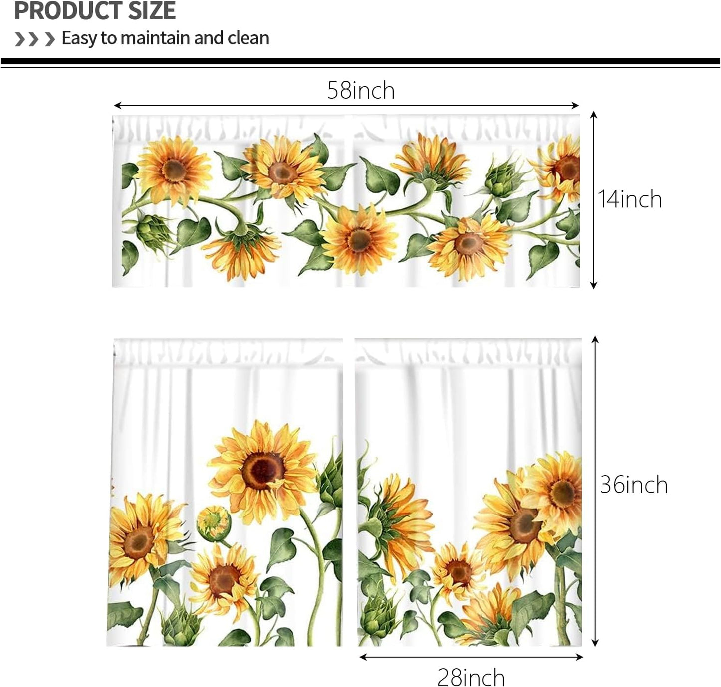 3-Piece Sunflower Kitchen Curtain Set - Valance and Tiers with Rod Pocket - 58wx14h+(28wx36h)*2 - Floral Dining Room Window Treatment
