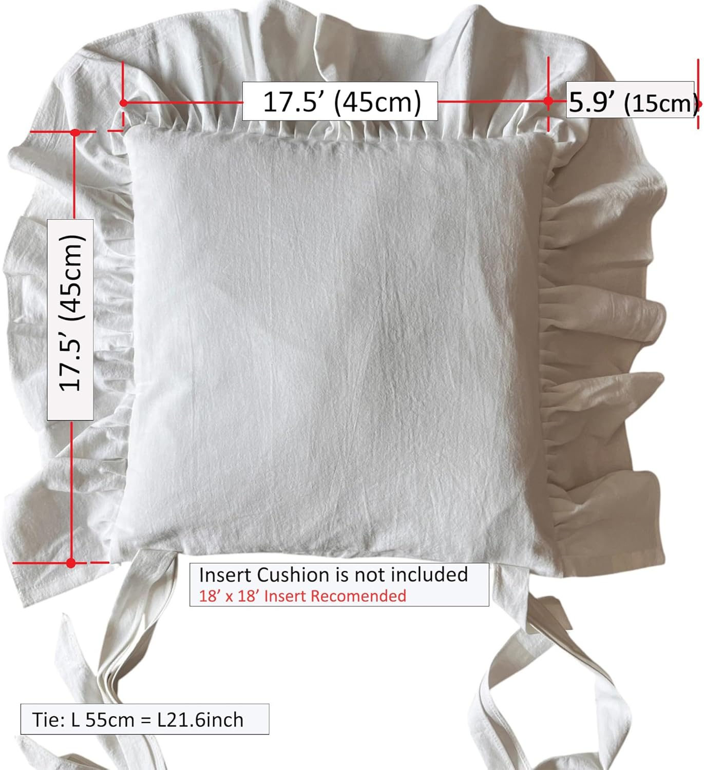 Korean Made Chair Pad Slipcover 17.5'x17.5' Chair Cushion Cover Ties with Ruffle Farmhouse Decor Covers Only, Gift for Mom (Solid White)