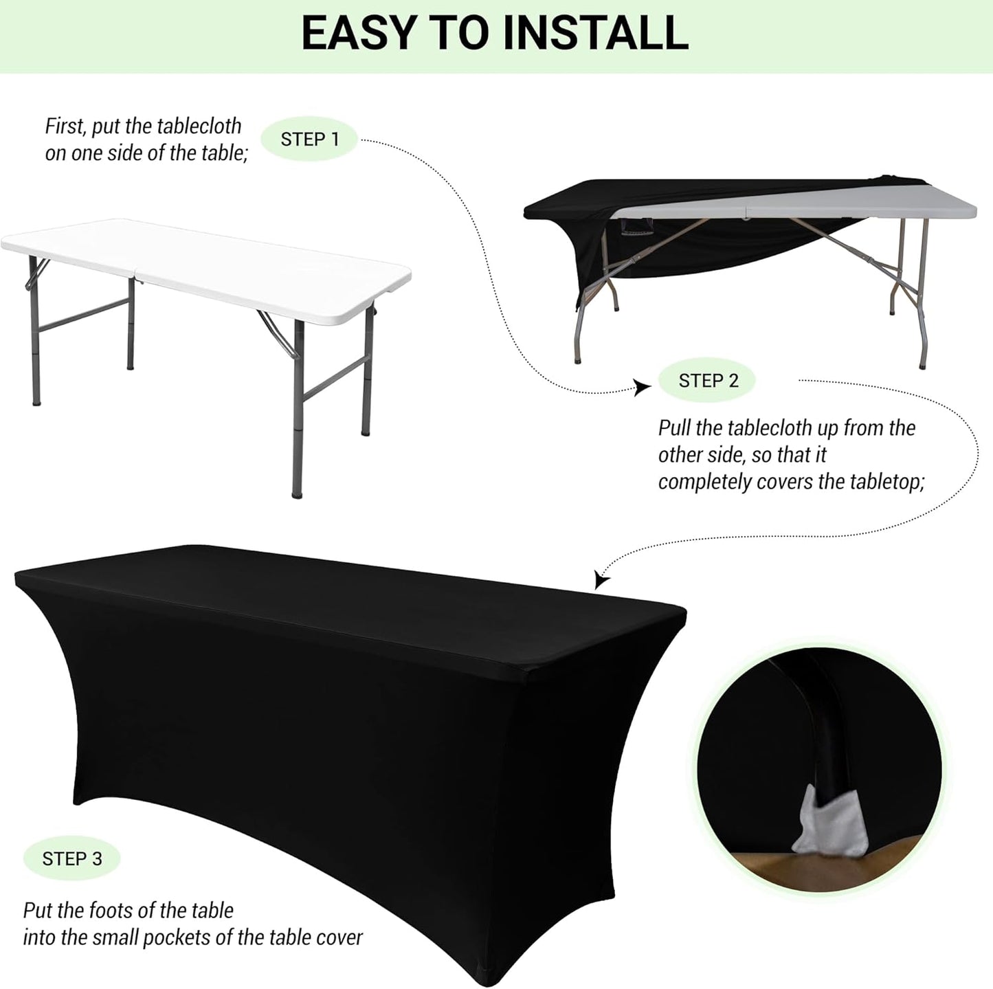 Obstal 6 Pack Stretch Spandex Table Covers for 6 Foot Tables - 6 FT Universal Rectangular Fitted Tablecloth Protector for Wedding, Banquet, Party (Black, 72 Length x 30 Width x 30 Height Inches)