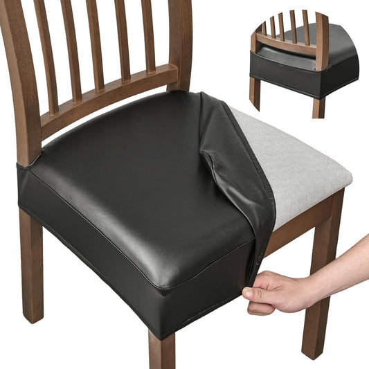 FUANGUI Dining Chair Covers Set of 4, Waterproof PU Leather Stretch Chair Seat Slipcovers Soft Removable Washable Chair Covers, Kitchen Chair Seat Covers Protectors Dining Room, PU-Black