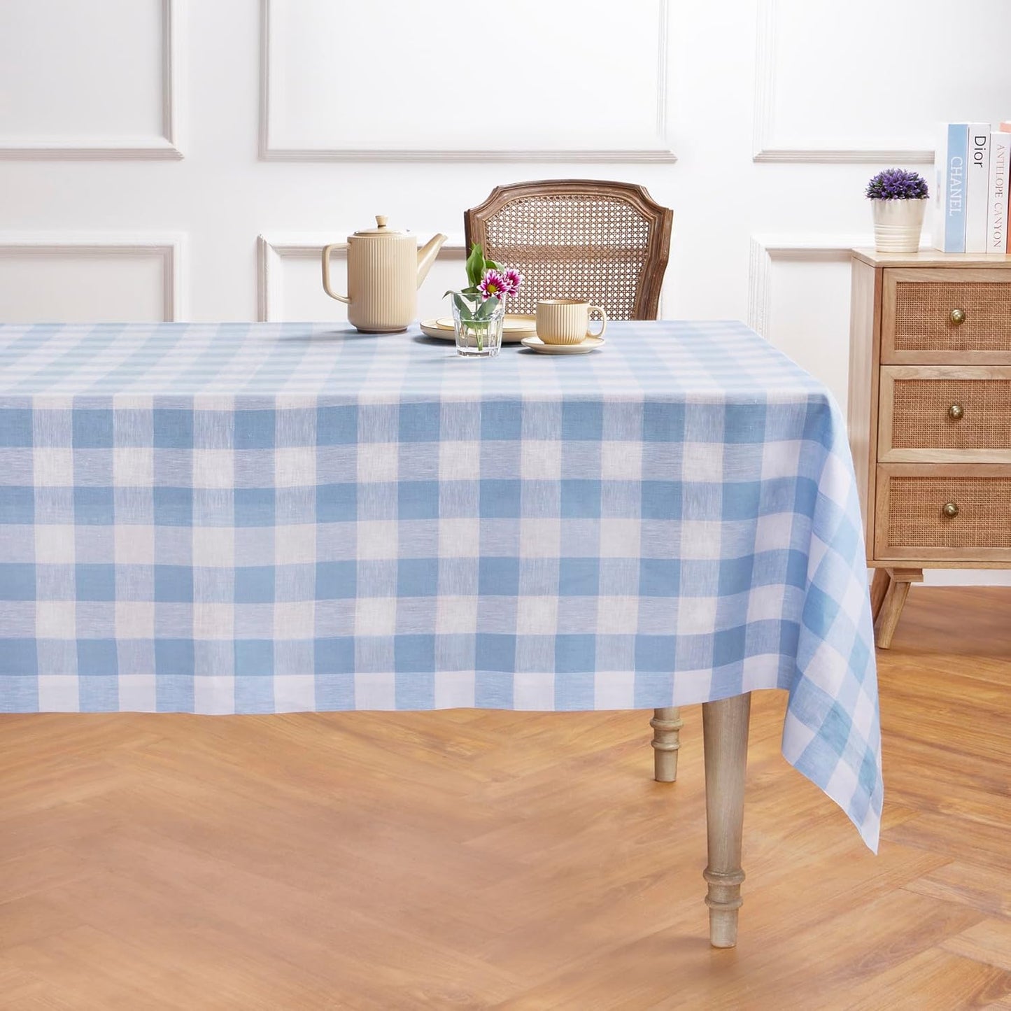 Solino Home Linen Buffalo Plaid Tablecloth 60 x 90 Inch - 100% Pure Linen Natural and White Checkered Table Cloth for Rectangle Tables - Machine Washable Tablecloth for Fall, Autumn, Thanksgiving