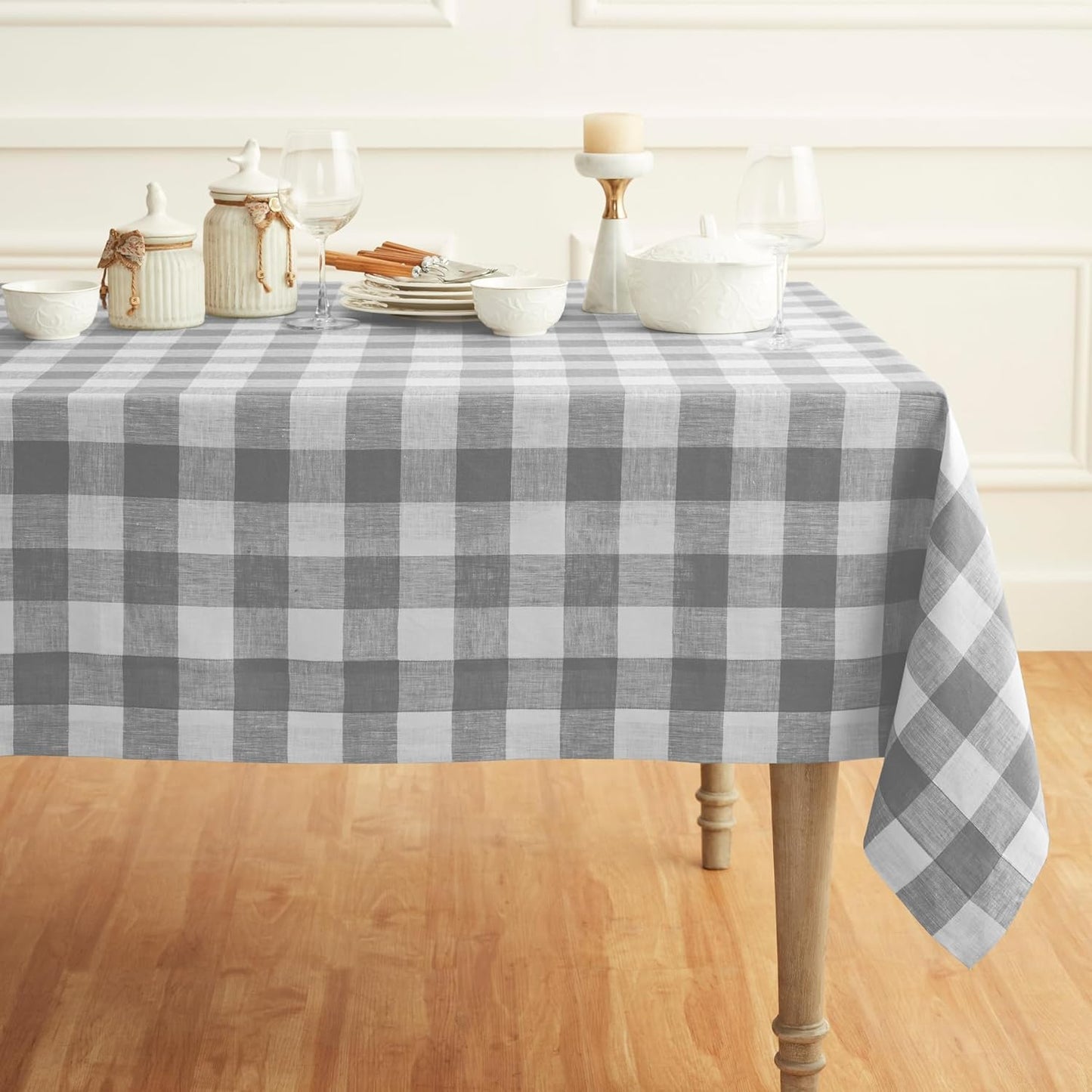Solino Home Linen Buffalo Plaid Tablecloth 60 x 90 Inch - 100% Pure Linen Natural and White Checkered Table Cloth for Rectangle Tables - Machine Washable Tablecloth for Fall, Autumn, Thanksgiving