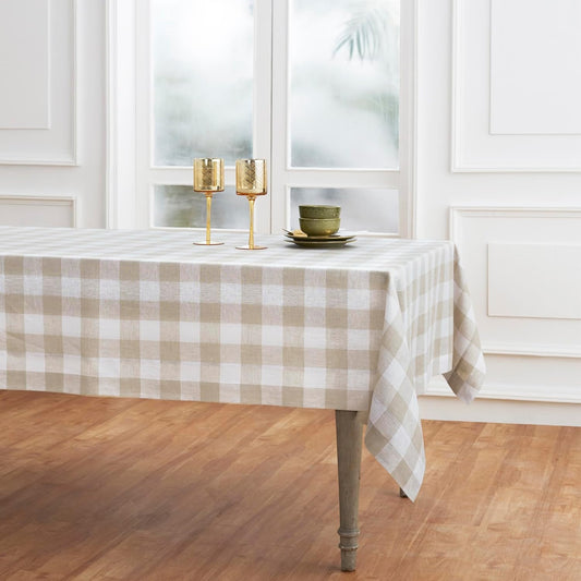 Solino Home Linen Buffalo Plaid Tablecloth 60 x 90 Inch - 100% Pure Linen Natural and White Checkered Table Cloth for Rectangle Tables - Machine Washable Tablecloth for Fall, Autumn, Thanksgiving