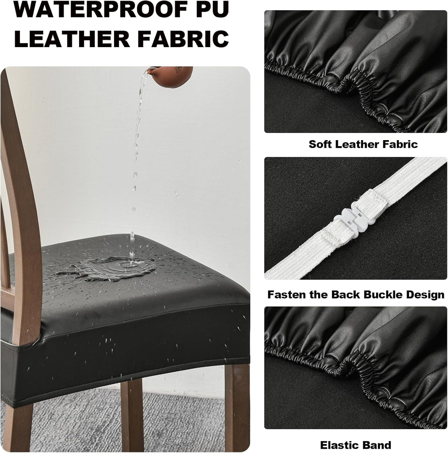FUANGUI Dining Chair Covers Set of 4, Waterproof PU Leather Stretch Chair Seat Slipcovers Soft Removable Washable Chair Covers, Kitchen Chair Seat Covers Protectors Dining Room, PU-Black