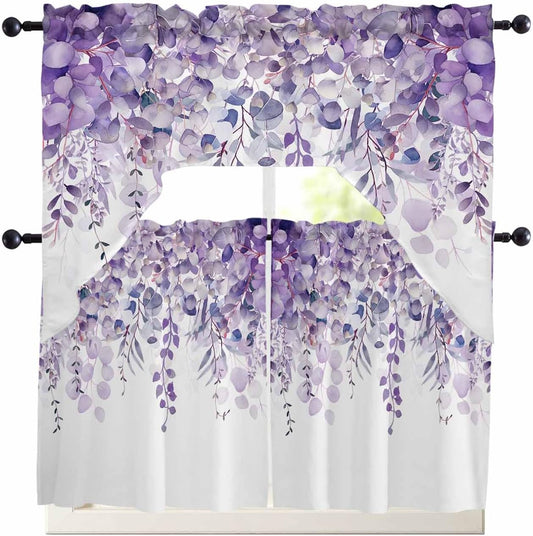 Spring Botanical Swag Curtains Valance and Tier Set, Purple Eucalyptus Leaves Rod Pocket Curtain Drapes for Bedroom Bathroom Over Sink Kitchen Curtains 3 Piece Set Swag Valances and 24 inches Tiers