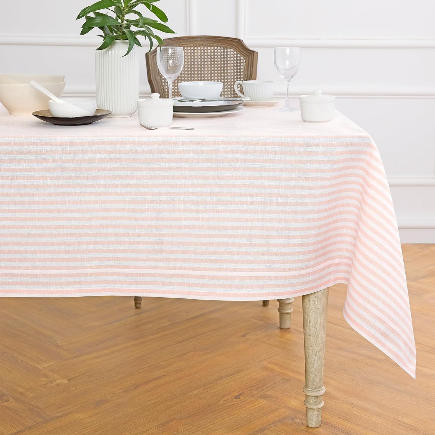 Solino Home Linen Tablecloth 60 x 90 Inch - Amalfi Stripe 100% Pure Linen Natural and White Table Cloth for Rectangle Tables - Machine Washable Tablecloth for Fall, Autumn, Thanksgiving