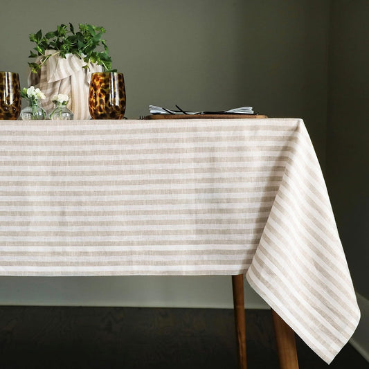 Solino Home Linen Tablecloth 60 x 90 Inch - Amalfi Stripe 100% Pure Linen Natural and White Table Cloth for Rectangle Tables - Machine Washable Tablecloth for Fall, Autumn, Thanksgiving