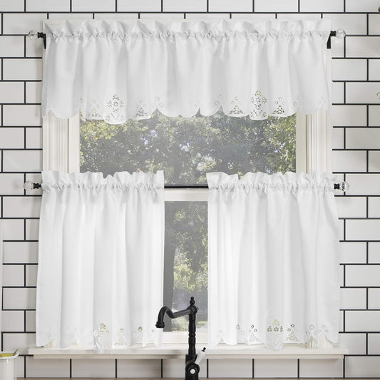 No. 918 Mariela Floral Trim Semi-Sheer Rod Pocket Kitchen Curtain Valance and Tiers Set, 58" x 24", White