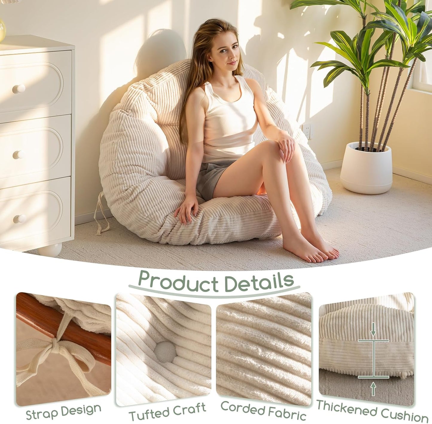 HIGOGOGO Papasan Chair Cushion with Corduroy Cover (Without Chair), 48 x 48 Inch Supportive Cushion, Overstuffed Chair Cushion,Beige