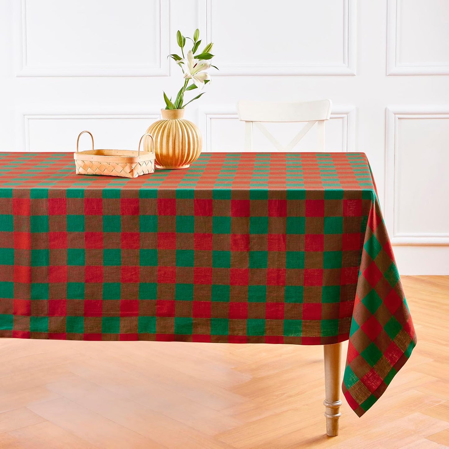 Solino Home Linen Buffalo Plaid Tablecloth 60 x 90 Inch - 100% Pure Linen Natural and White Checkered Table Cloth for Rectangle Tables - Machine Washable Tablecloth for Fall, Autumn, Thanksgiving