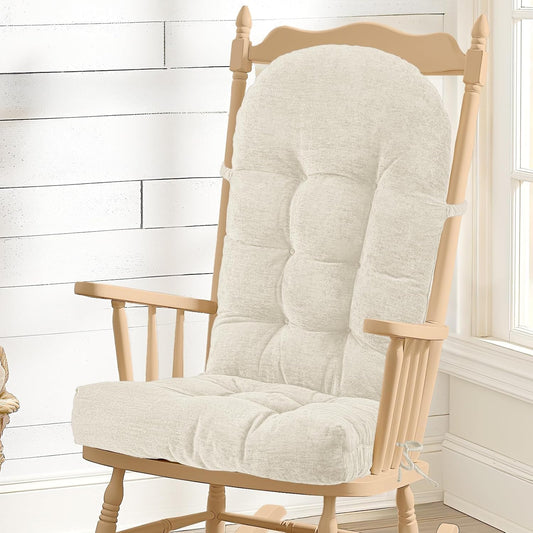 Rocking Chair Cushion - Chenille Fabric, High-Density Sponge, Durable Comfort Non-Slip Bottom Tufted Seat Pads with Ties, Chenille︱Oyster White, 44x19x4 inch