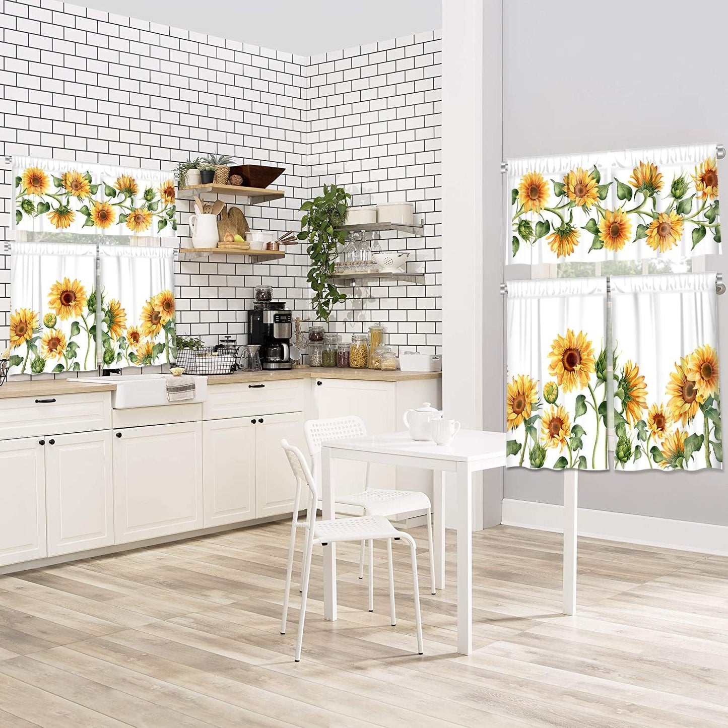 3-Piece Sunflower Kitchen Curtain Set - Valance and Tiers with Rod Pocket - 58wx14h+(28wx36h)*2 - Floral Dining Room Window Treatment