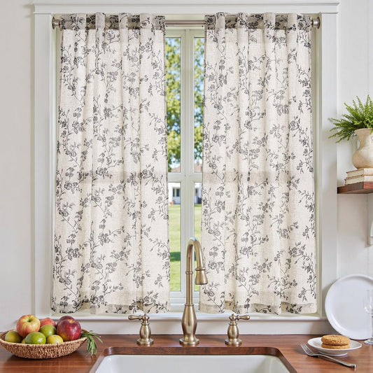jinchan Floral Kitchen Curtains 54 Inch Linen Tier Curtains Farmhouse Cafe Half Window Drapes for Small Windows Light Filtering Black on Beige for Living Room Bathroom Back Tab 2 Panels