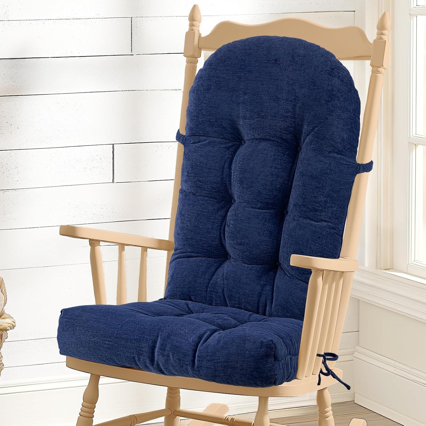 Rocking Chair Cushion - Chenille Fabric, High-Density Sponge, Durable Comfort Non-Slip Bottom Tufted Seat Pads with Ties, Chenille︱Oyster White, 44x19x4 inch