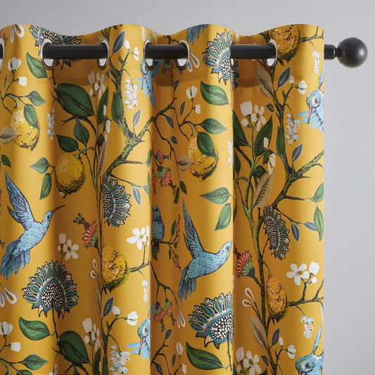 Topfinel Mustard Yellow Vintage Curtains & Drapes 84 Inches Long, Grommet Luxury Whimsical Floral Lemon Hummingbird Patterned Waverly Mid Century Colorful Blackout Drapes for Living Room Bedroom