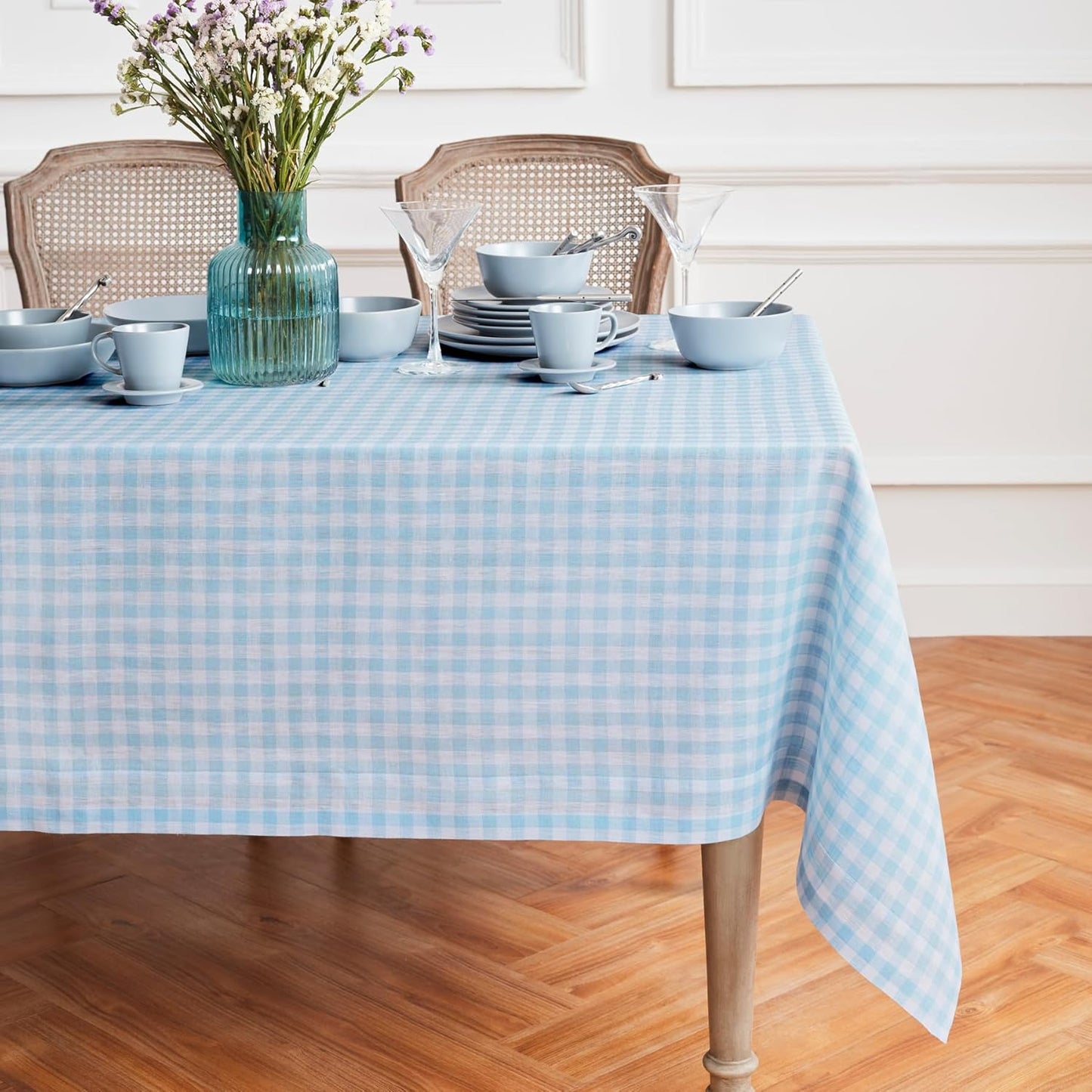 Solino Home Linen Tablecloth 60 x 108 Inch - 100% Pure Linen Gingham Checkered Natural Tablecloth for Rectangular Tables - Machine Washable Table Cloth for Fall, Autumn, Thanksgiving