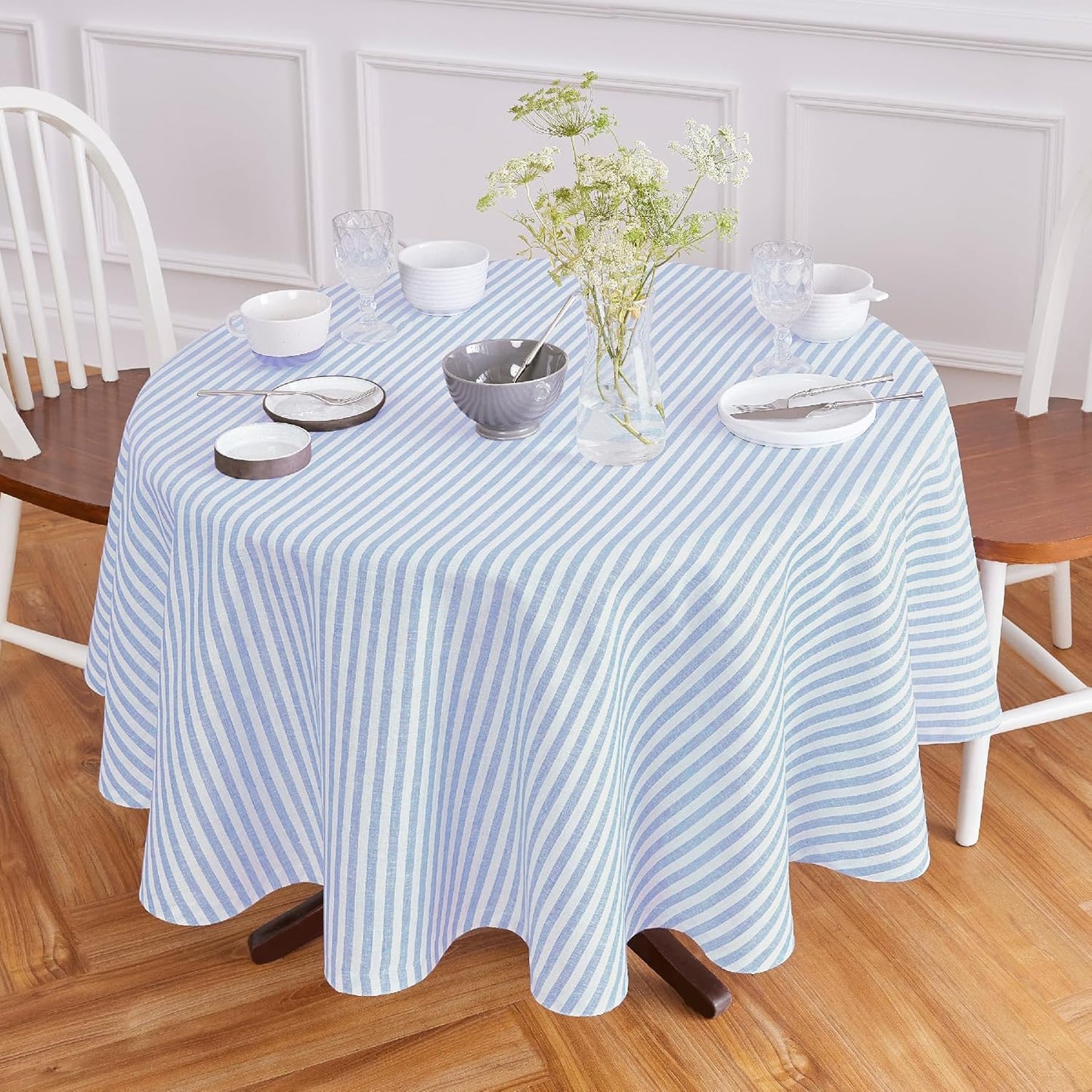 Solino Home Linen Tablecloth 60 x 90 Inch - Amalfi Stripe 100% Pure Linen Natural and White Table Cloth for Rectangle Tables - Machine Washable Tablecloth for Fall, Autumn, Thanksgiving