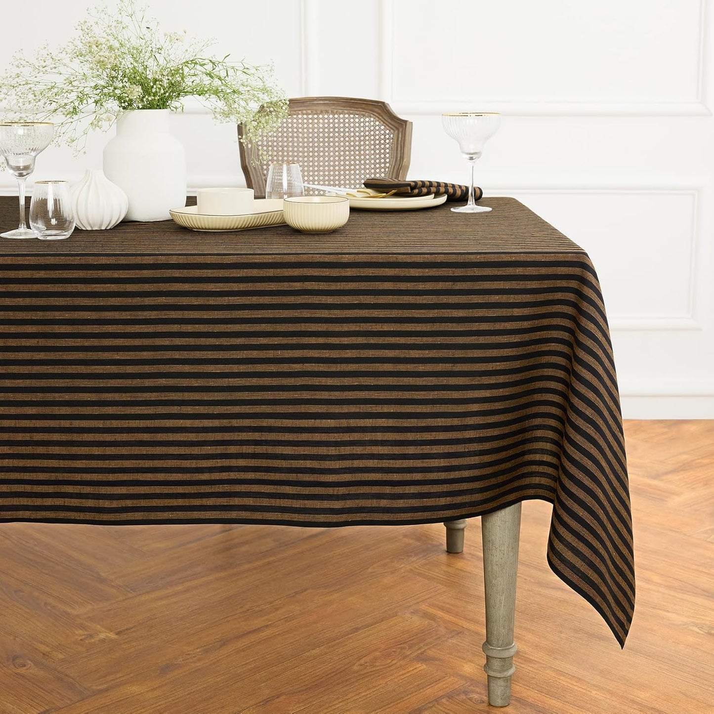 Solino Home Linen Tablecloth 60 x 90 Inch - Amalfi Stripe 100% Pure Linen Natural and White Table Cloth for Rectangle Tables - Machine Washable Tablecloth for Fall, Autumn, Thanksgiving
