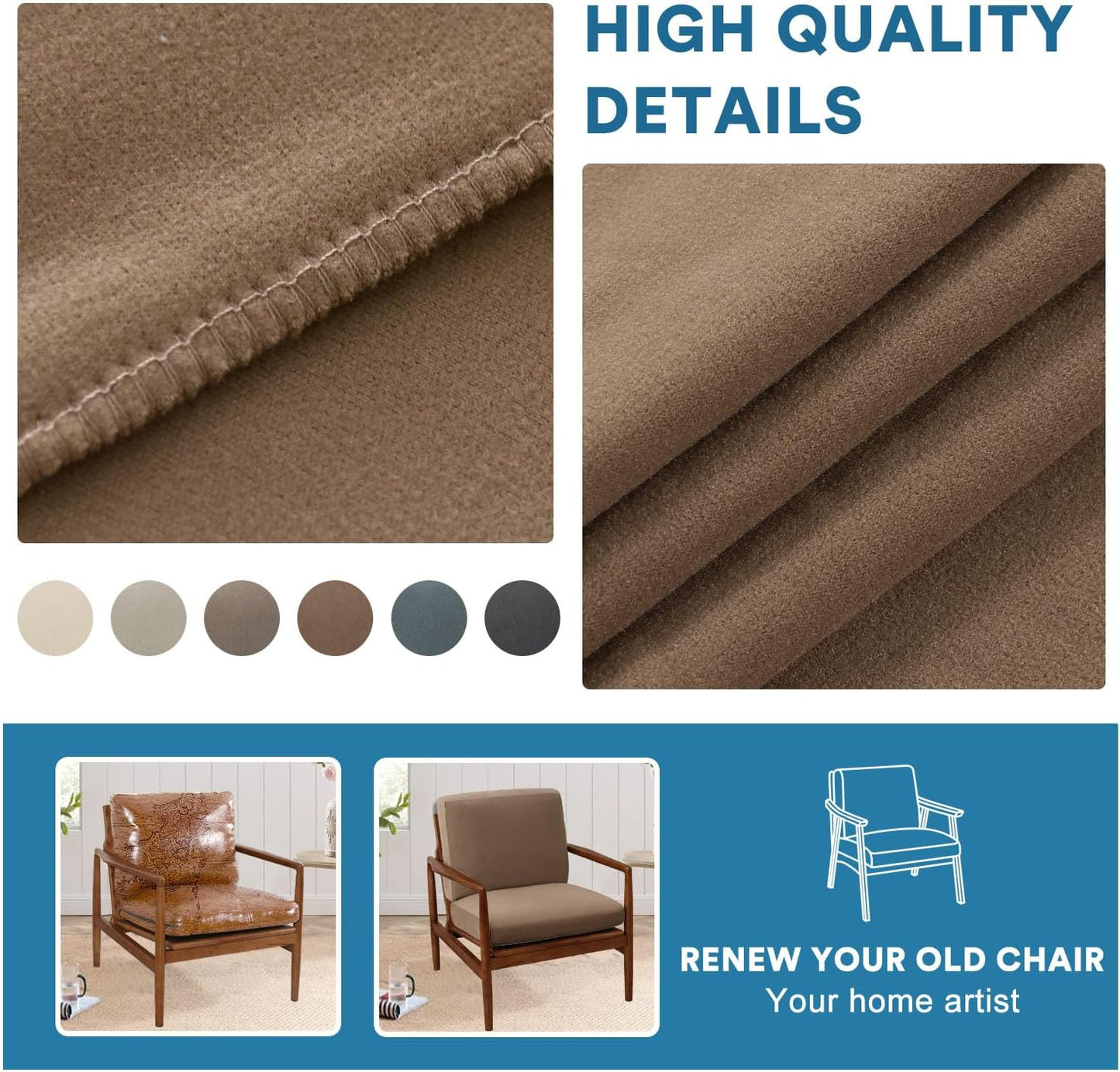 H.VERSAILTEX Fleece Chair Cover Stretch Cushion Covers for Couches and Sofas 2 Piece Thick Soft Accent Chair Cover for Mid-Century Modern Chair (Seat Cushion Cover Plus Back Cushion Cover, Camel)
