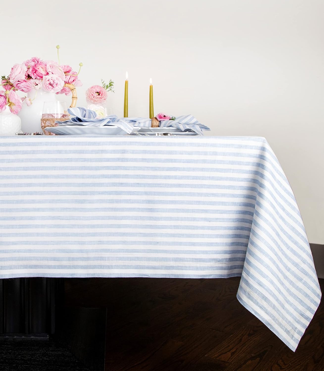 Solino Home Linen Tablecloth 60 x 90 Inch - Amalfi Stripe 100% Pure Linen Natural and White Table Cloth for Rectangle Tables - Machine Washable Tablecloth for Fall, Autumn, Thanksgiving