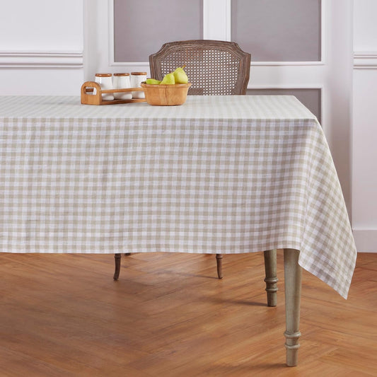 Solino Home Linen Tablecloth 60 x 108 Inch - 100% Pure Linen Gingham Checkered Natural Tablecloth for Rectangular Tables - Machine Washable Table Cloth for Fall, Autumn, Thanksgiving