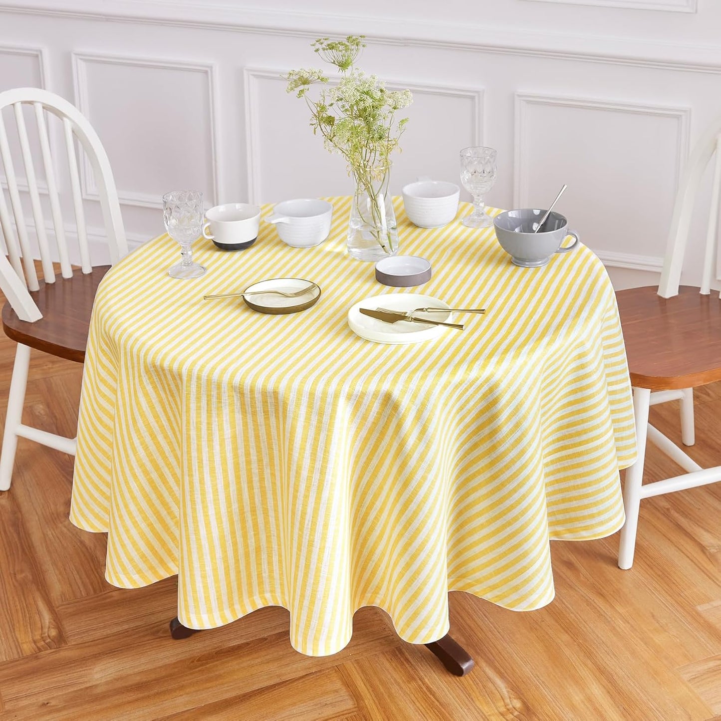 Solino Home Linen Tablecloth 60 x 90 Inch - Amalfi Stripe 100% Pure Linen Natural and White Table Cloth for Rectangle Tables - Machine Washable Tablecloth for Fall, Autumn, Thanksgiving