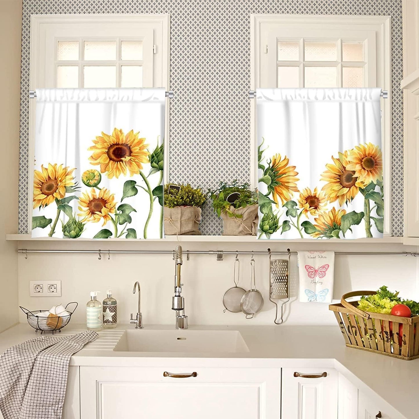 3-Piece Sunflower Kitchen Curtain Set - Valance and Tiers with Rod Pocket - 58wx14h+(28wx36h)*2 - Floral Dining Room Window Treatment