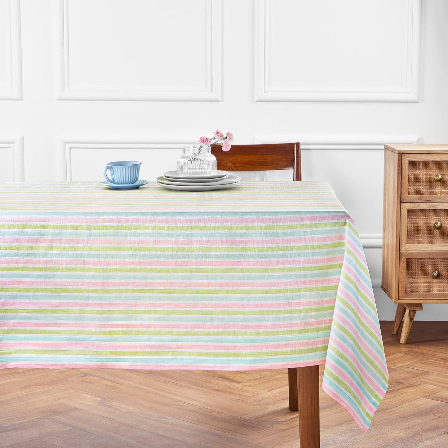 Solino Home Linen Tablecloth 60 x 90 Inch - Amalfi Stripe 100% Pure Linen Natural and White Table Cloth for Rectangle Tables - Machine Washable Tablecloth for Fall, Autumn, Thanksgiving