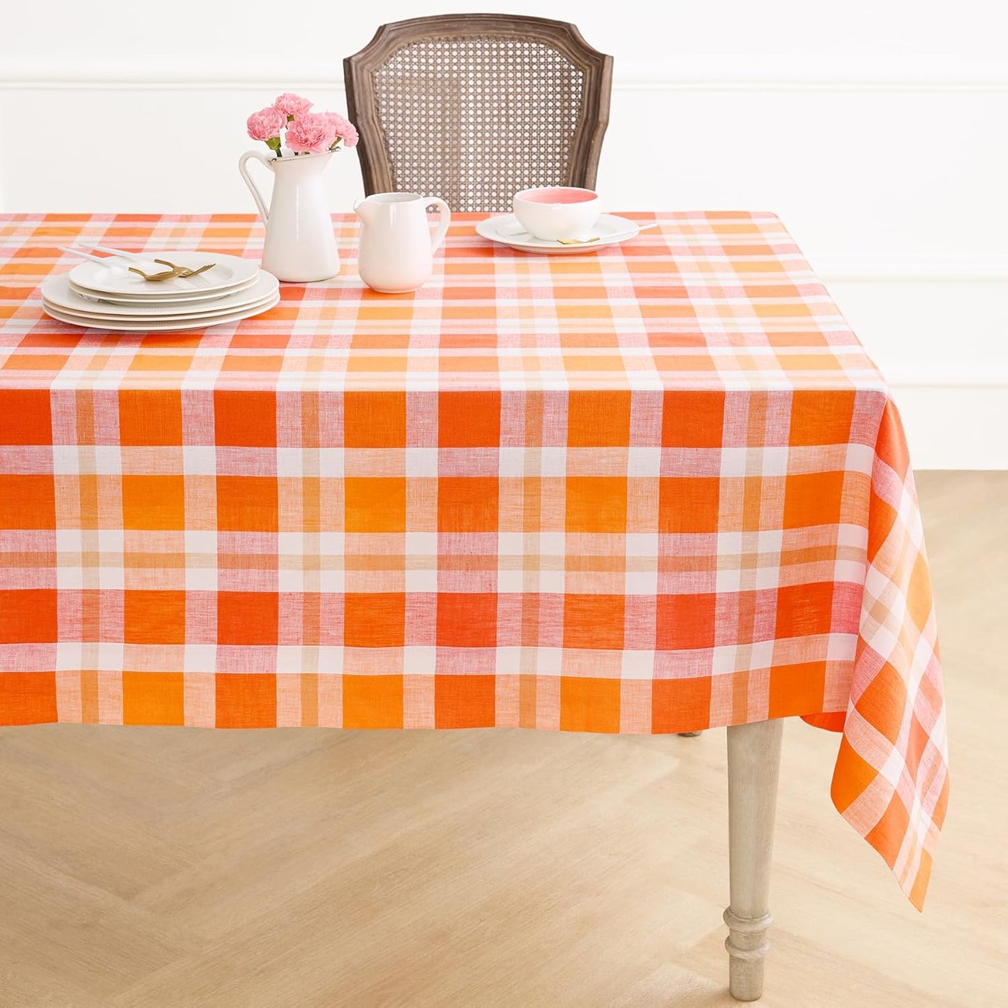Solino Home Plaid Linen Tablecloth 60 x 108 Inch - 100% Pure Linen Orange Plaid Table Cloth for Rectangle Tables - Machine Washable Tablecloth for Fall, Autumn, Halloween, Thanksgiving