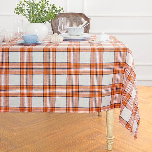 Solino Home Plaid Linen Tablecloth 60 x 108 Inch - 100% Pure Linen Orange Plaid Table Cloth for Rectangle Tables - Machine Washable Tablecloth for Fall, Autumn, Halloween, Thanksgiving