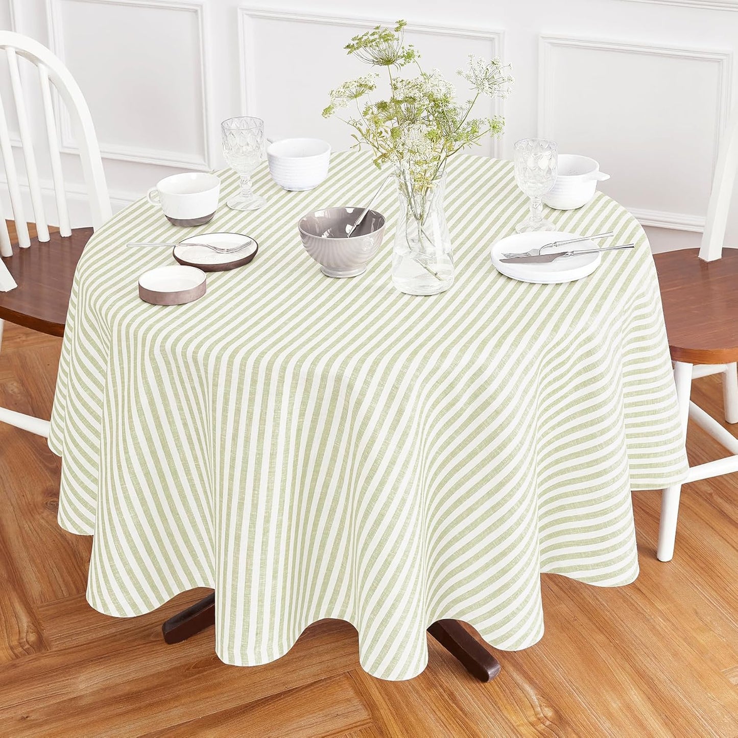 Solino Home Linen Tablecloth 60 x 90 Inch - Amalfi Stripe 100% Pure Linen Natural and White Table Cloth for Rectangle Tables - Machine Washable Tablecloth for Fall, Autumn, Thanksgiving
