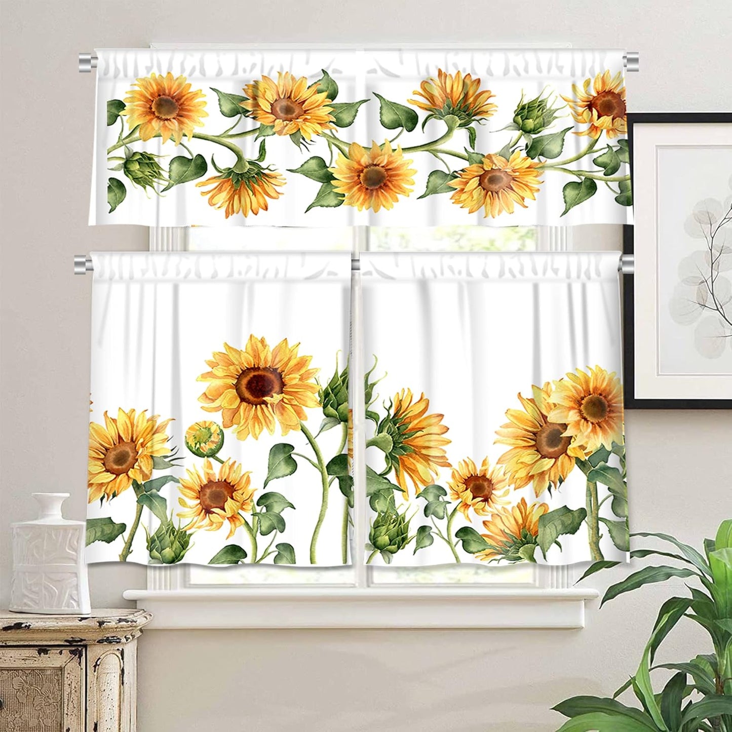 3-Piece Sunflower Kitchen Curtain Set - Valance and Tiers with Rod Pocket - 58wx14h+(28wx36h)*2 - Floral Dining Room Window Treatment