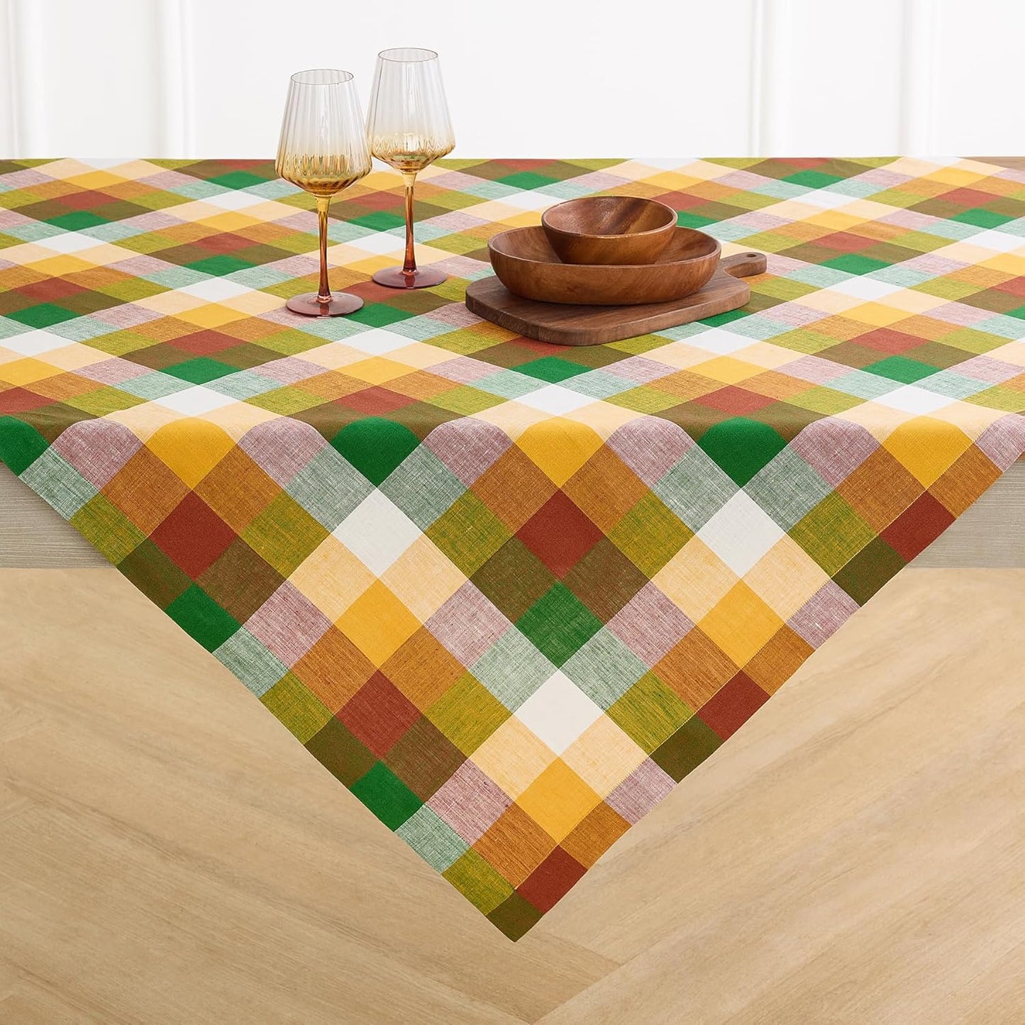 Solino Home Linen Buffalo Plaid Tablecloth 60 x 90 Inch - 100% Pure Linen Natural and White Checkered Table Cloth for Rectangle Tables - Machine Washable Tablecloth for Fall, Autumn, Thanksgiving