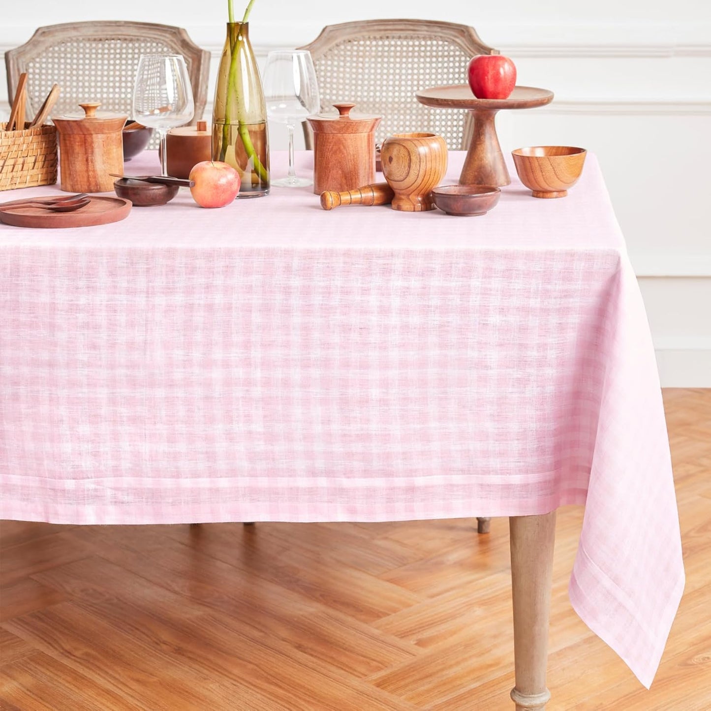 Solino Home Linen Tablecloth 60 x 108 Inch - 100% Pure Linen Gingham Checkered Natural Tablecloth for Rectangular Tables - Machine Washable Table Cloth for Fall, Autumn, Thanksgiving