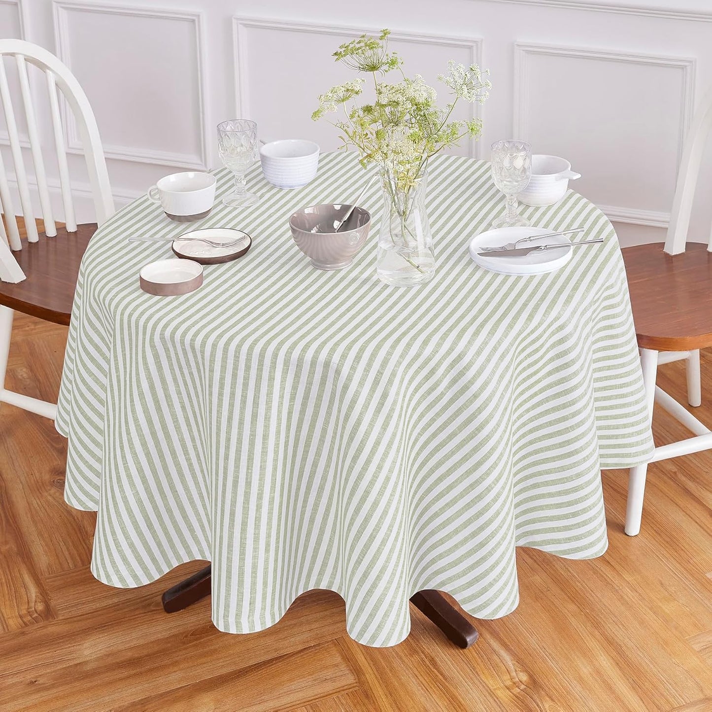 Solino Home Linen Tablecloth 60 x 90 Inch - Amalfi Stripe 100% Pure Linen Natural and White Table Cloth for Rectangle Tables - Machine Washable Tablecloth for Fall, Autumn, Thanksgiving