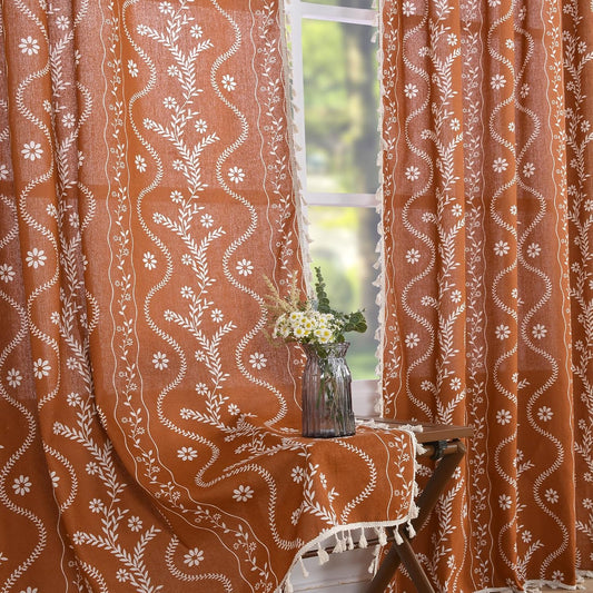 Schweek Boho Terracotta Curtains for Living Room 63 Inches Long Semi Sheer Linen Floral Curtains Vintage Farmhouse Window Curtain 2 Panel Sets for Dining Room Kitchen Rust Colored