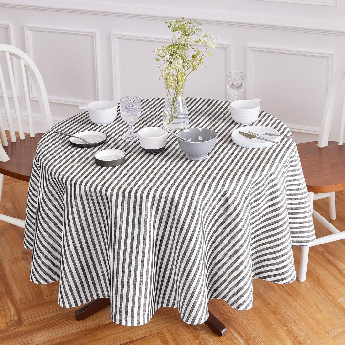Solino Home Linen Tablecloth 60 x 90 Inch - Amalfi Stripe 100% Pure Linen Natural and White Table Cloth for Rectangle Tables - Machine Washable Tablecloth for Fall, Autumn, Thanksgiving