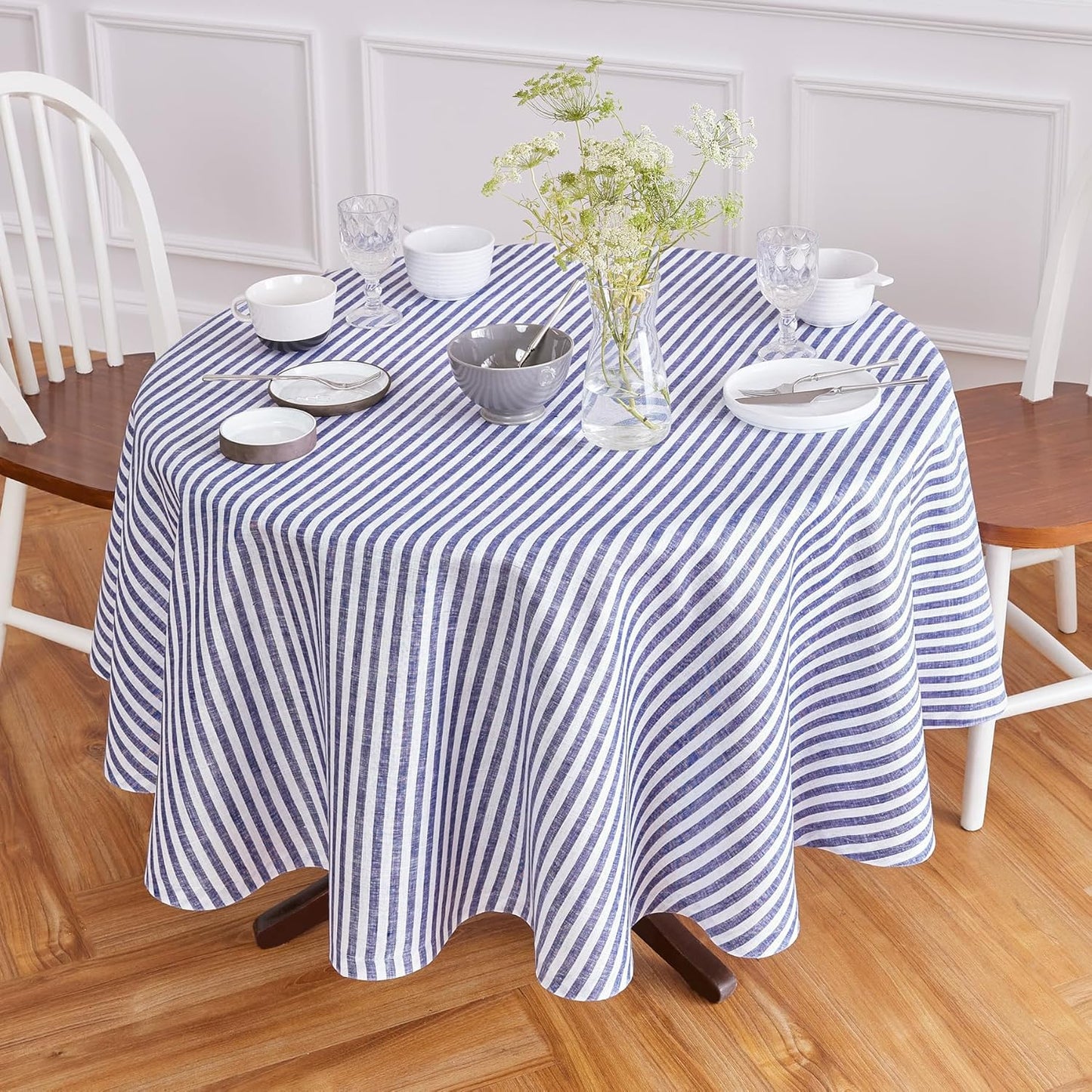 Solino Home Linen Tablecloth 60 x 90 Inch - Amalfi Stripe 100% Pure Linen Natural and White Table Cloth for Rectangle Tables - Machine Washable Tablecloth for Fall, Autumn, Thanksgiving
